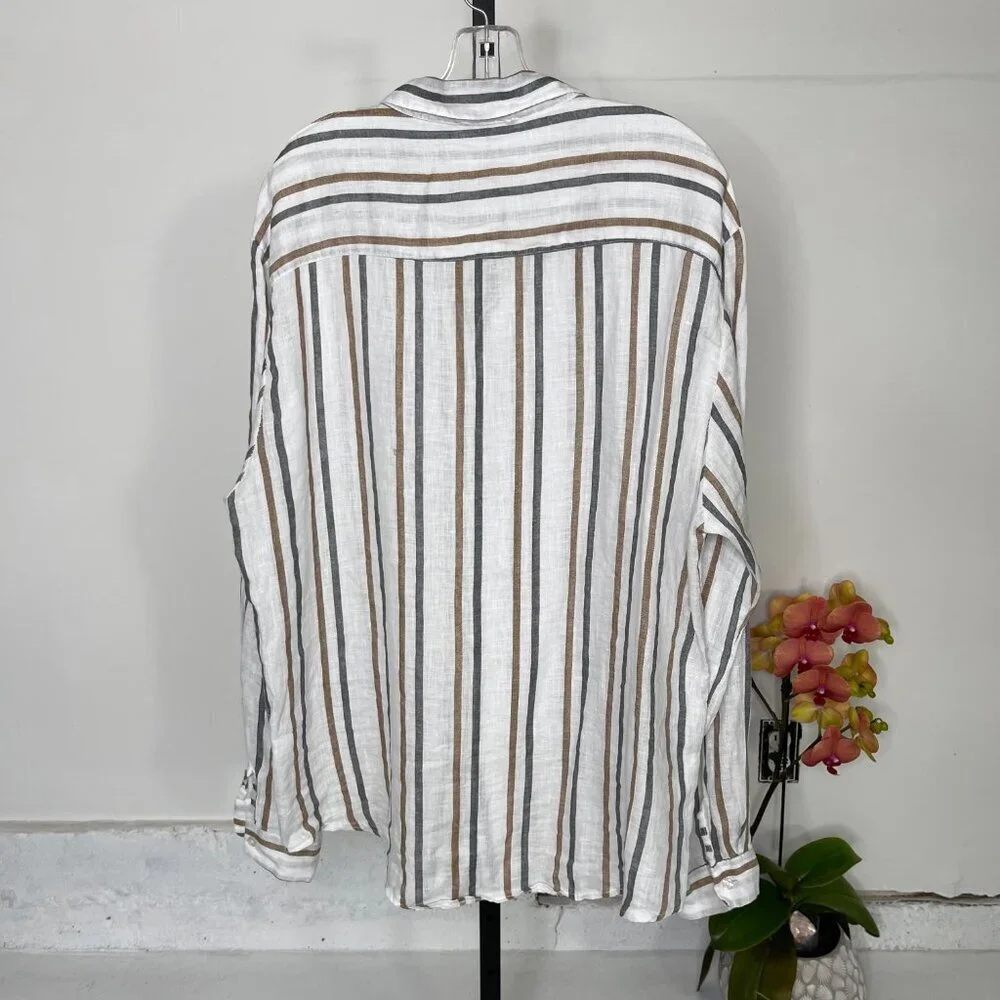 Focus Men's White Lino Slim Fit Spread Collar Striped Button Up Shirt Size XXL